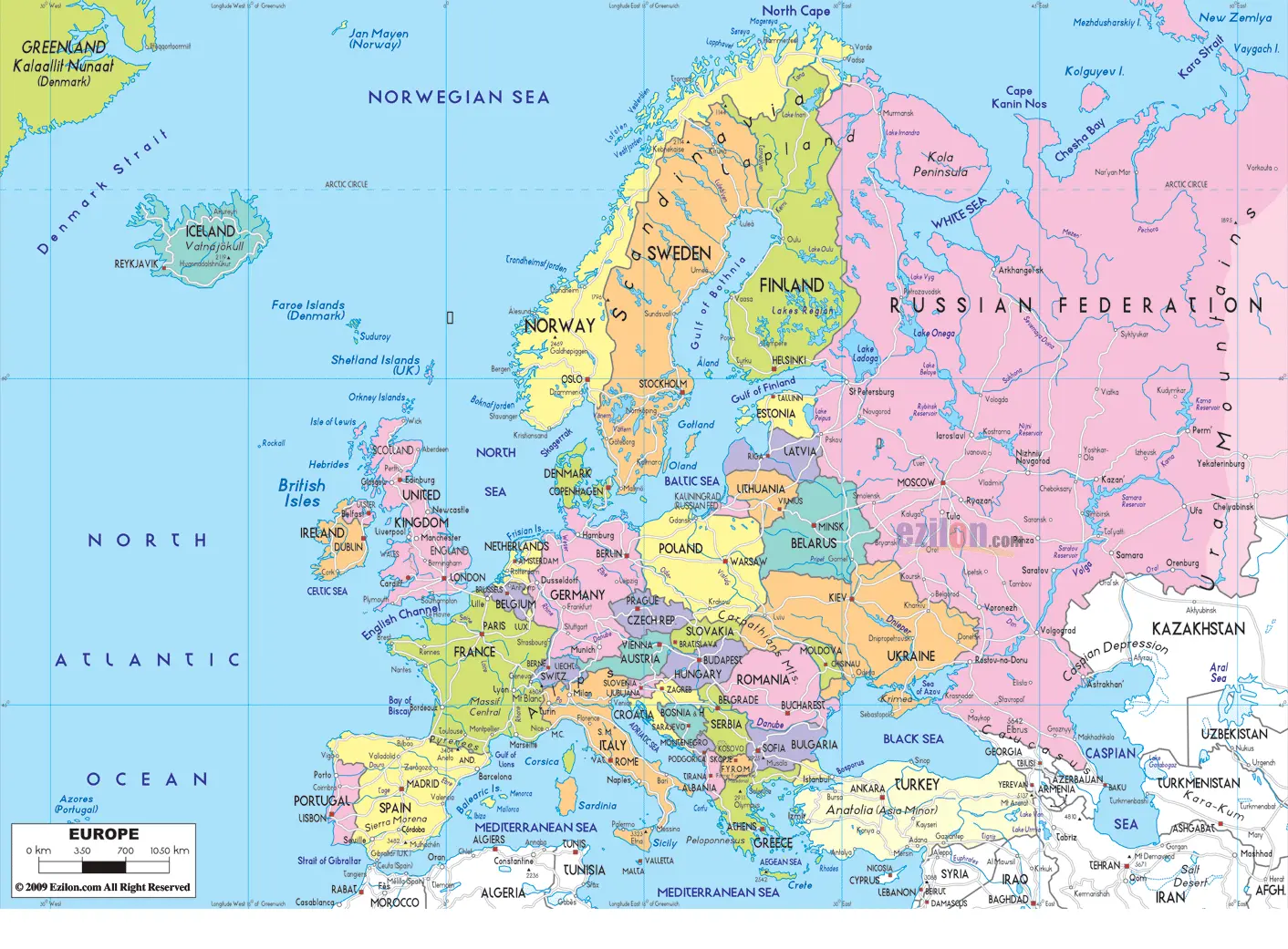 यूरोप महाद्वीप का नक्शा